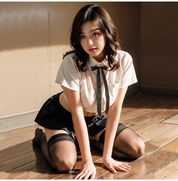 FEE ET MOI - Playful Polka Dot Bow School Uniform (Black - White)